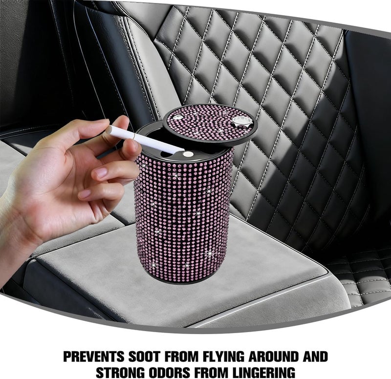 FALVFUN Bling Car Ashtray, Rhinestones Smokeless Smell Proof Vehicle Cup Holder Ash Tray with Lid, Sparkling Diamond Portable Automotive Interior Ashtray, Universal for SUV RV Truck (Pink) - Image 3